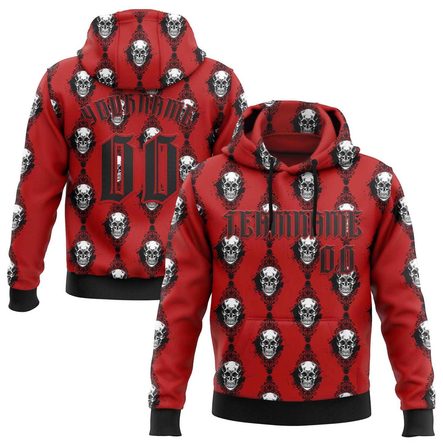 Custom Red Black 3D Skull Gothic Floral Pattern Diamond Grid Sports Pullover Sweatshirt Hoodie - Main View