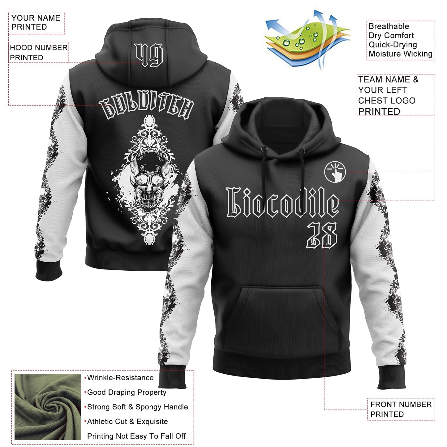 Custom Black White 3D Skull Gothic Floral Pattern Diamond Grid Sports Pullover Sweatshirt Hoodie view 2