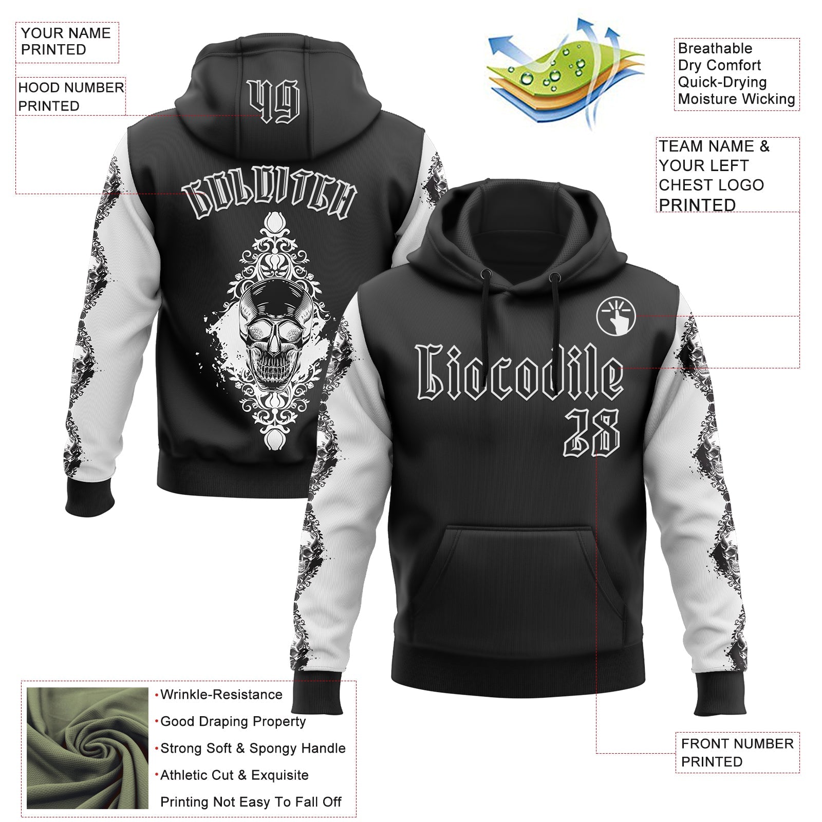 Custom Black White 3D Skull Gothic Floral Pattern Diamond Grid Sports Pullover Sweatshirt Hoodie view 2