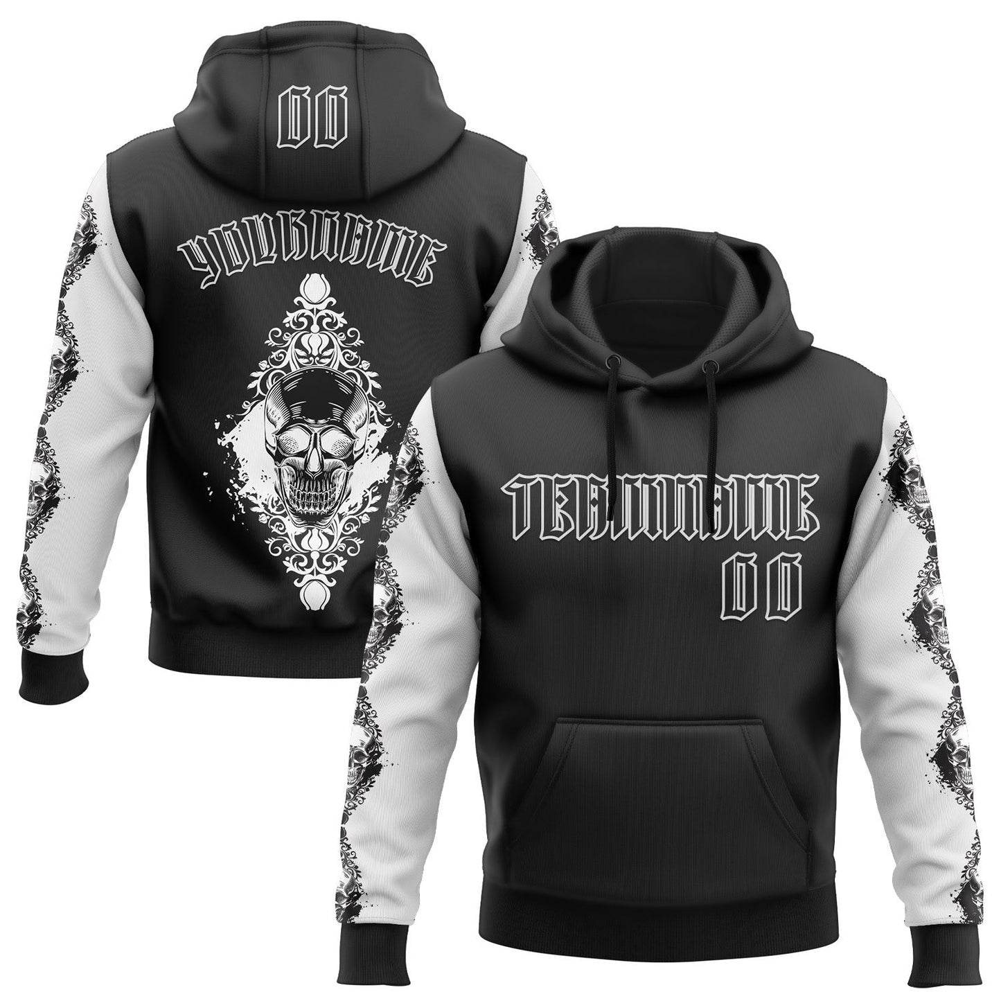 Custom Black White 3D Skull Gothic Floral Pattern Diamond Grid Sports Pullover Sweatshirt Hoodie - Main View