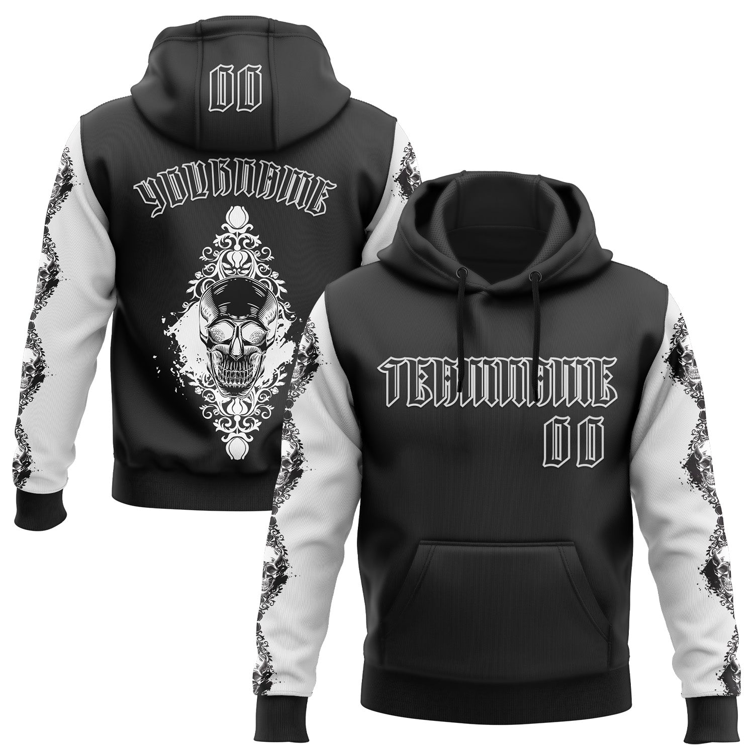 Custom Black White 3D Skull Gothic Floral Pattern Diamond Grid Sports Pullover Sweatshirt Hoodie - Main View