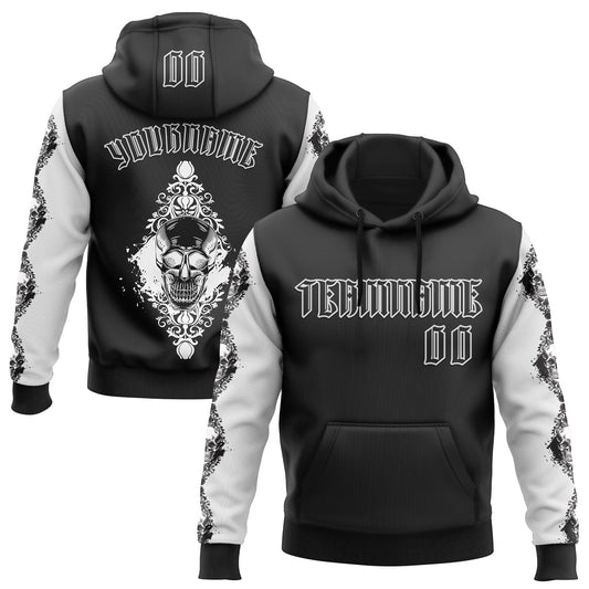 Custom Black White 3D Skull Gothic Floral Pattern Diamond Grid Sports Pullover Sweatshirt Hoodie - Main View