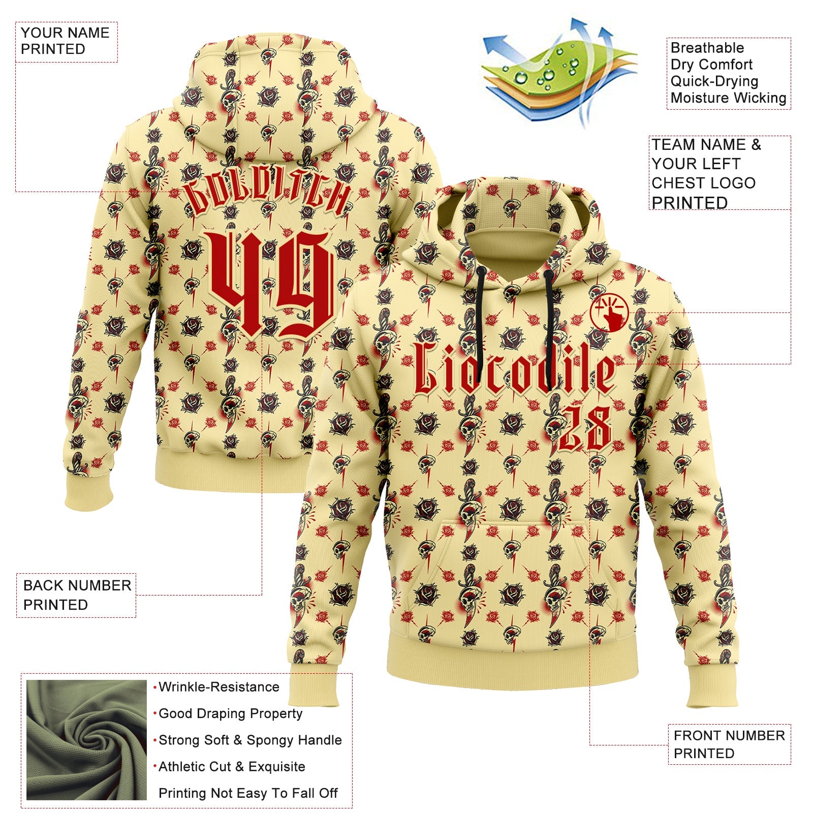 Custom Yellow Red 3D Skull Roses Gothic Sports Pullover Sweatshirt Hoodie view 2