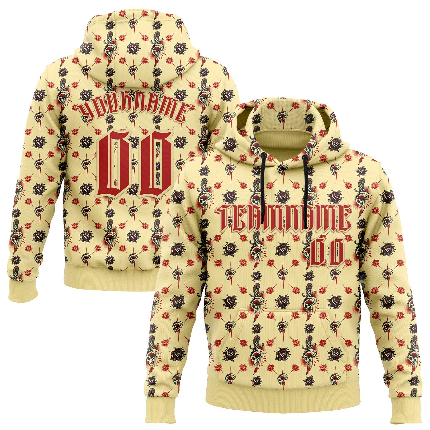 Custom Yellow Red 3D Skull Roses Gothic Sports Pullover Sweatshirt Hoodie - Main View
