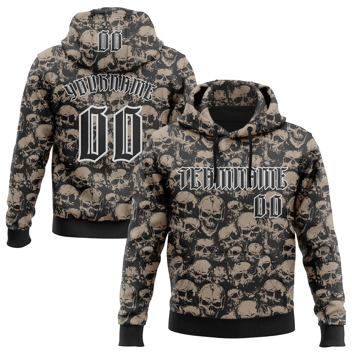 Custom Black White 3D Skull Gothic Vintage Grunge Art Sports Pullover Sweatshirt Hoodie - Main View