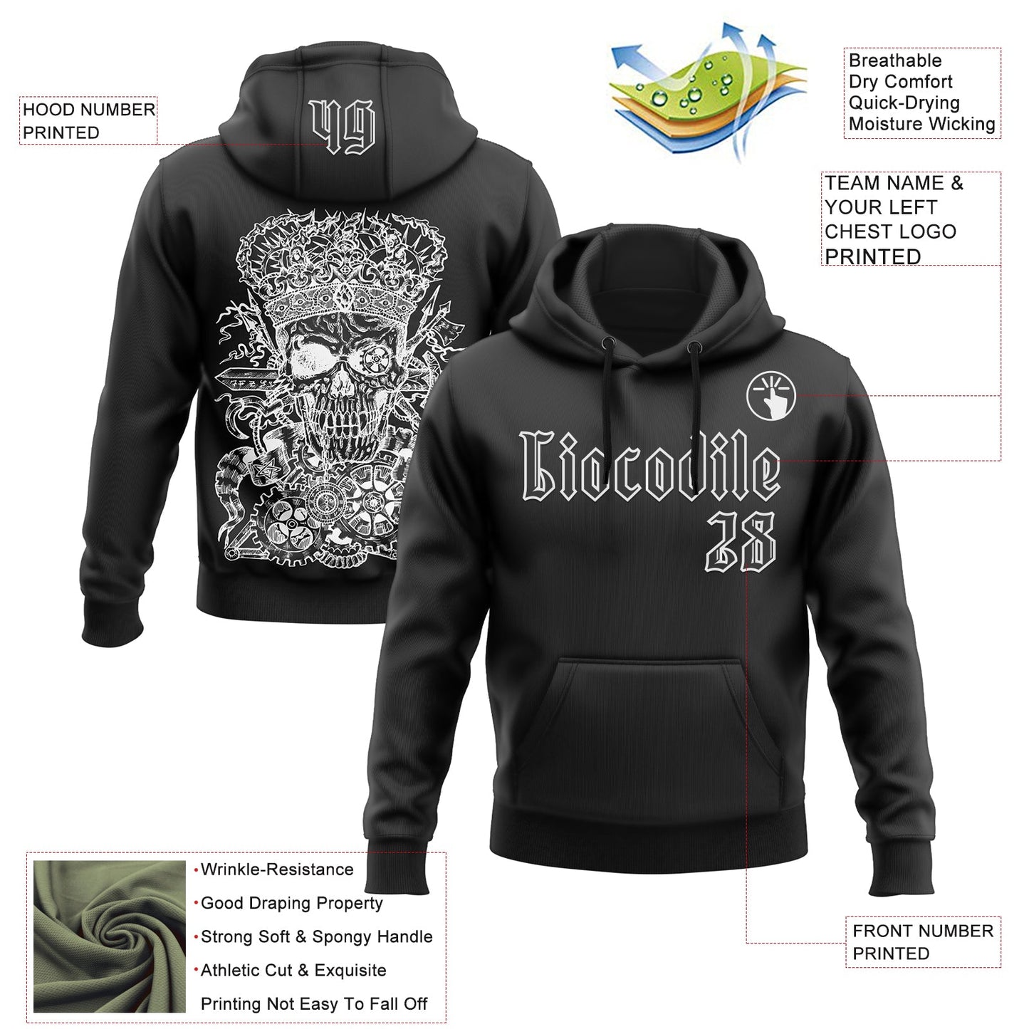 Custom Black White 3D Skull Gothic Emperor Vintage Grunge Art Sports Pullover Sweatshirt Hoodie view 2