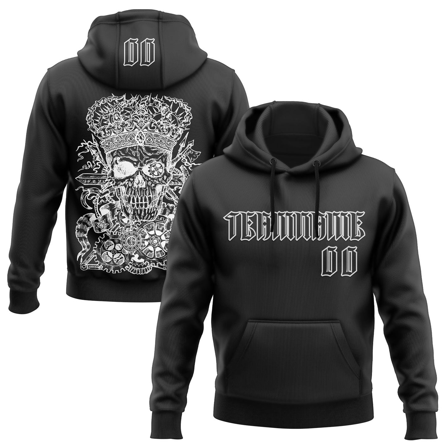 Custom Black White 3D Skull Gothic Emperor Vintage Grunge Art Sports Pullover Sweatshirt Hoodie - Main View