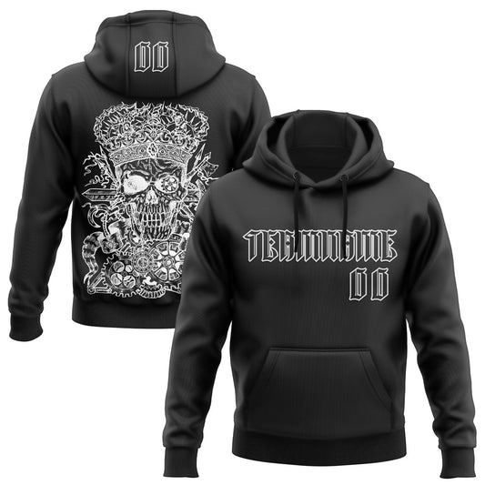 Custom Black White 3D Skull Gothic Emperor Vintage Grunge Art Sports Pullover Sweatshirt Hoodie - Main View