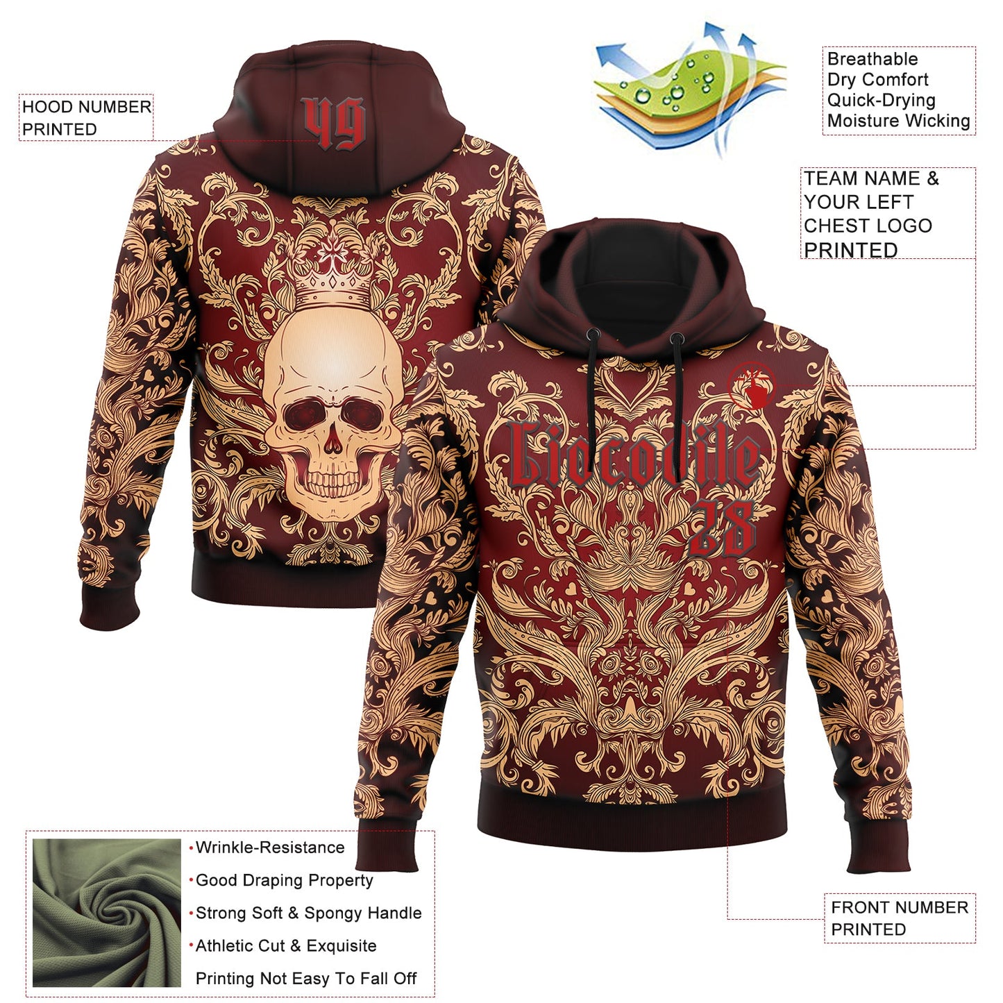 Custom Red Black 3D Skull Gothic Emperor Vintage Sports Pullover Sweatshirt Hoodie view 2