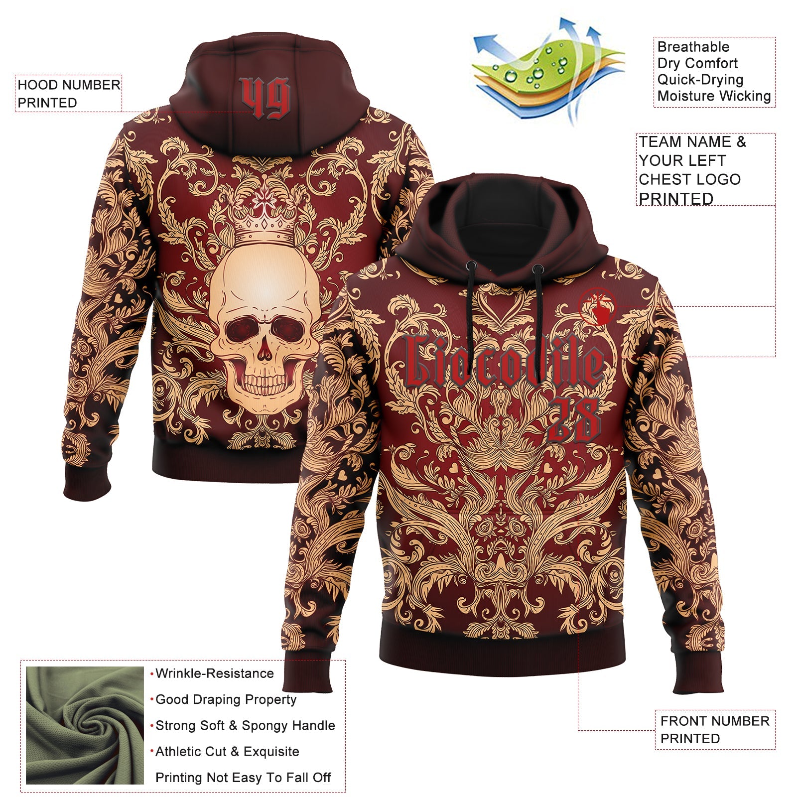 Custom Red Black 3D Skull Gothic Emperor Vintage Sports Pullover Sweatshirt Hoodie view 2