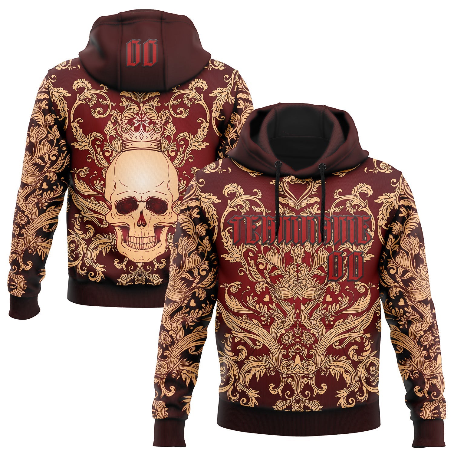 Custom Red Black 3D Skull Gothic Emperor Vintage Sports Pullover Sweatshirt Hoodie - Main View