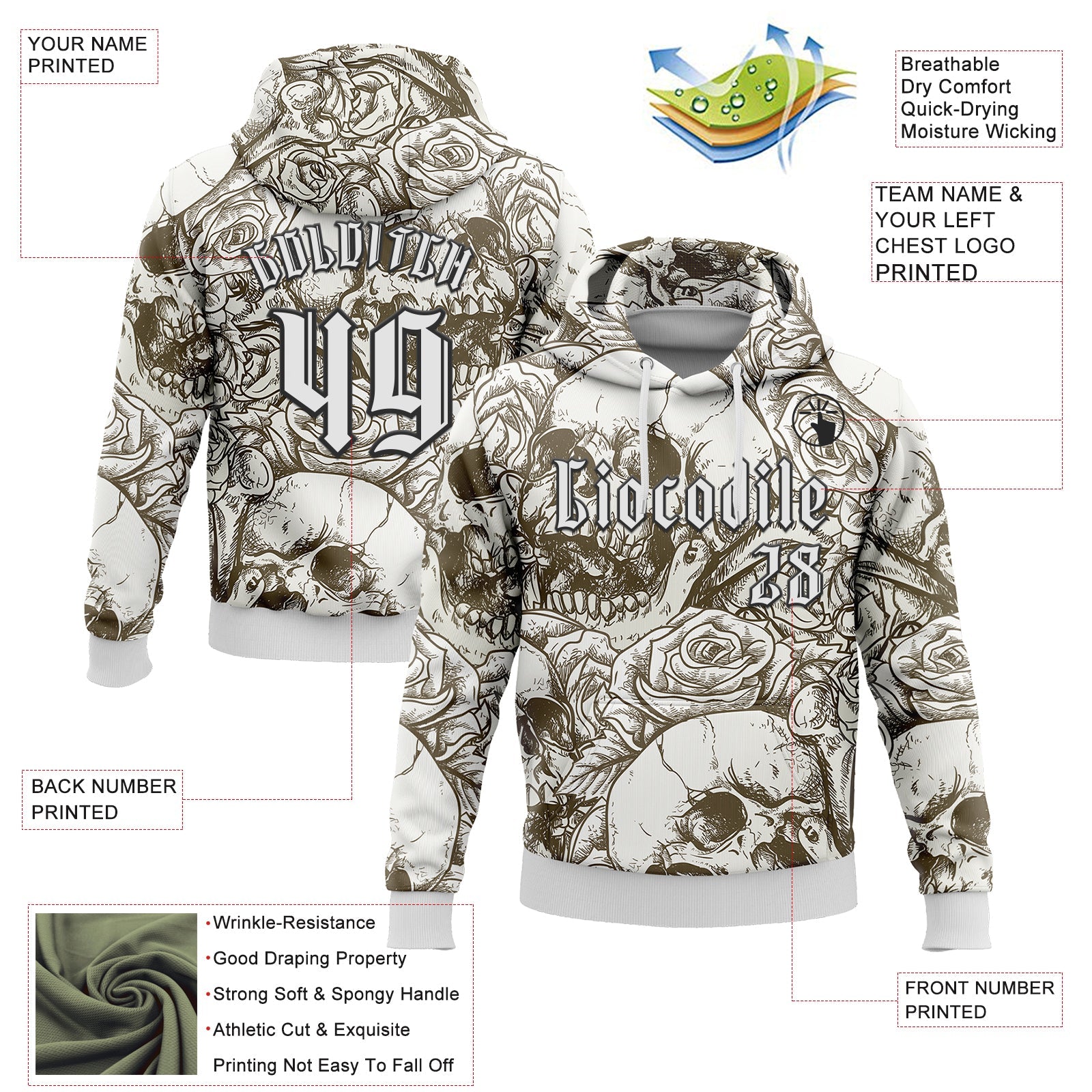 Custom White Black 3D Skull Roses Gothic Vintage Grunge Art Sports Pullover Sweatshirt Hoodie view 2