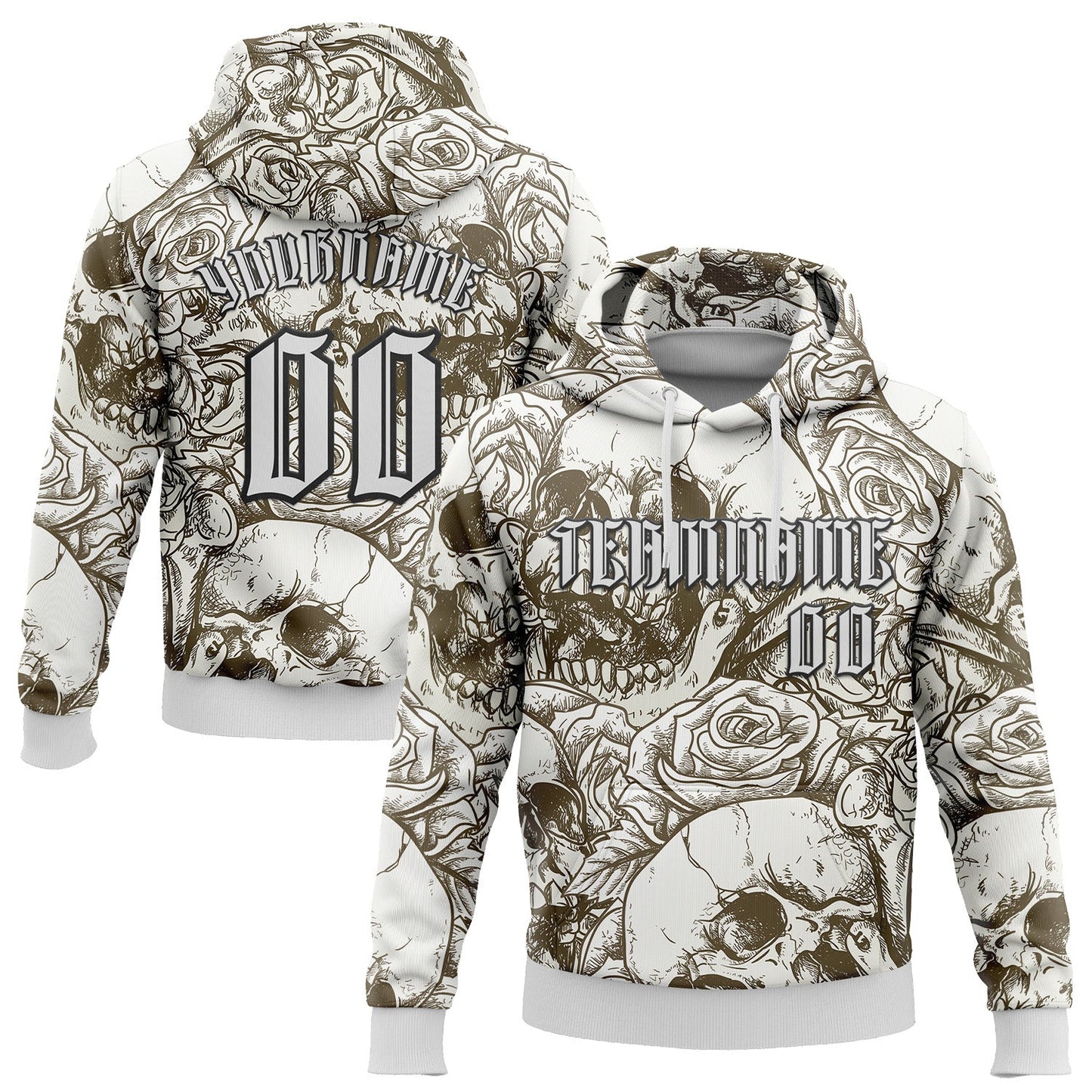 Custom White Black 3D Skull Roses Gothic Vintage Grunge Art Sports Pullover Sweatshirt Hoodie - Main View