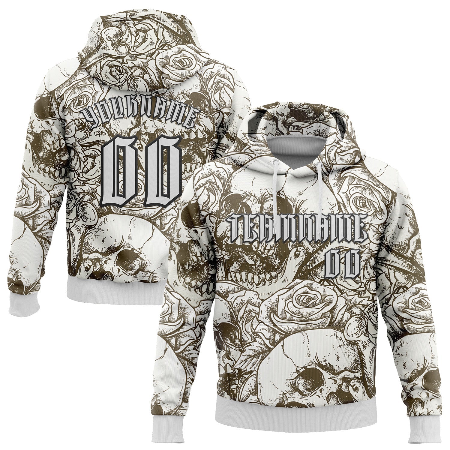 Custom White Black 3D Skull Roses Gothic Vintage Grunge Art Sports Pullover Sweatshirt Hoodie - Main View