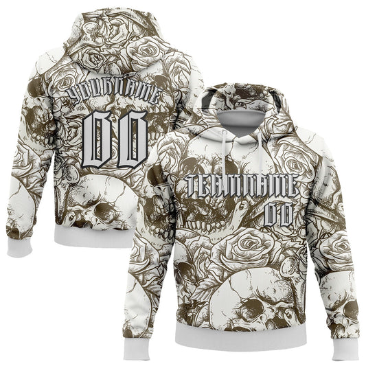 Custom White Black 3D Skull Roses Gothic Vintage Grunge Art Sports Pullover Sweatshirt Hoodie - Main View