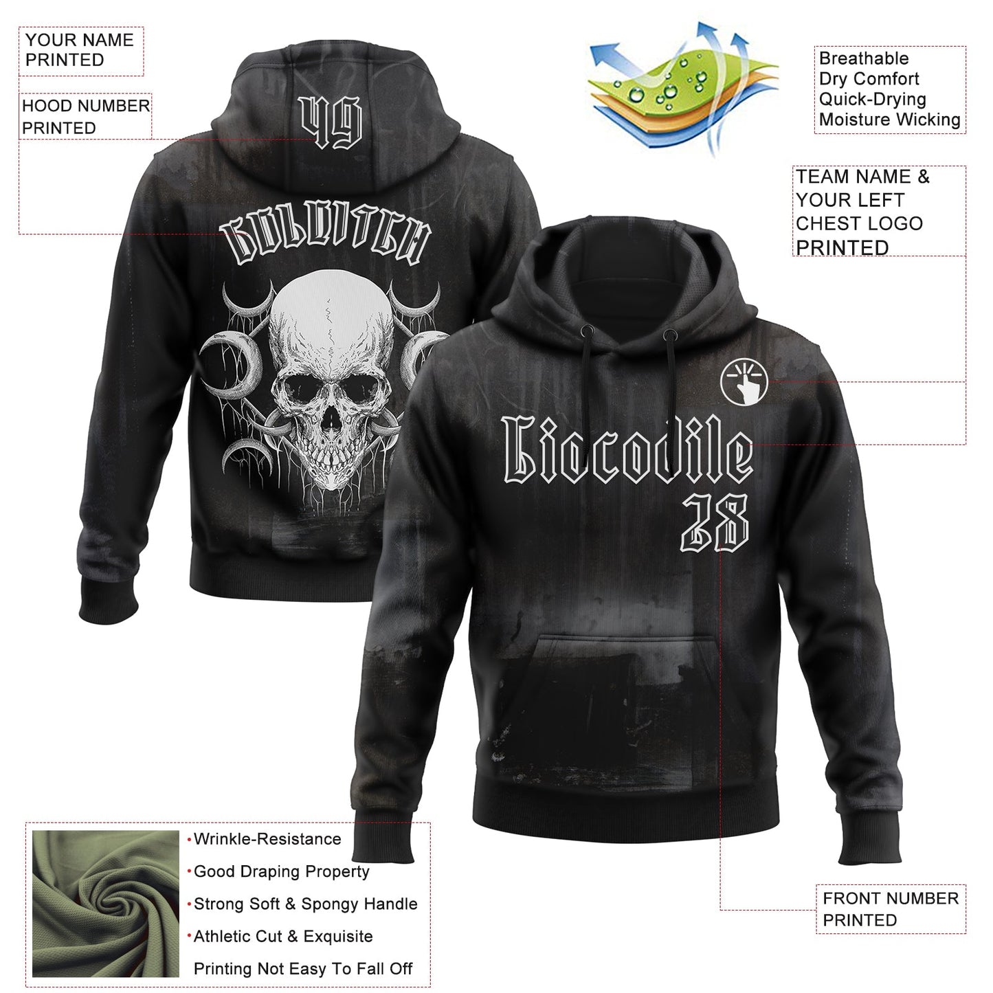 Custom Black White 3D Skull Gothic Vintage Grunge Art Sports Pullover Sweatshirt Hoodie view 2