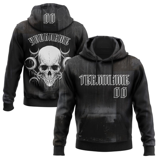 Custom Black White 3D Skull Gothic Vintage Grunge Art Sports Pullover Sweatshirt Hoodie - Main View