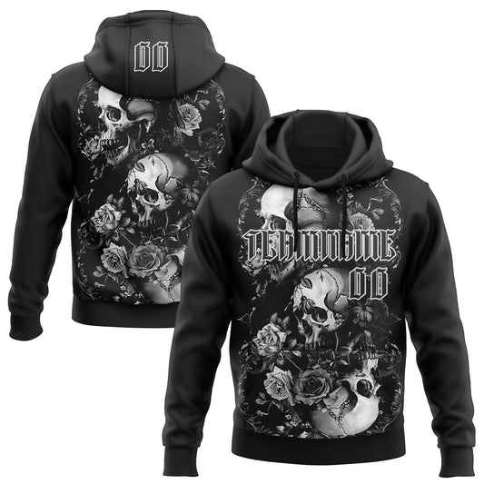 Custom Black White 3D Skull Roses Gothic Vintage Grunge Art Sports Pullover Sweatshirt Hoodie - Main View