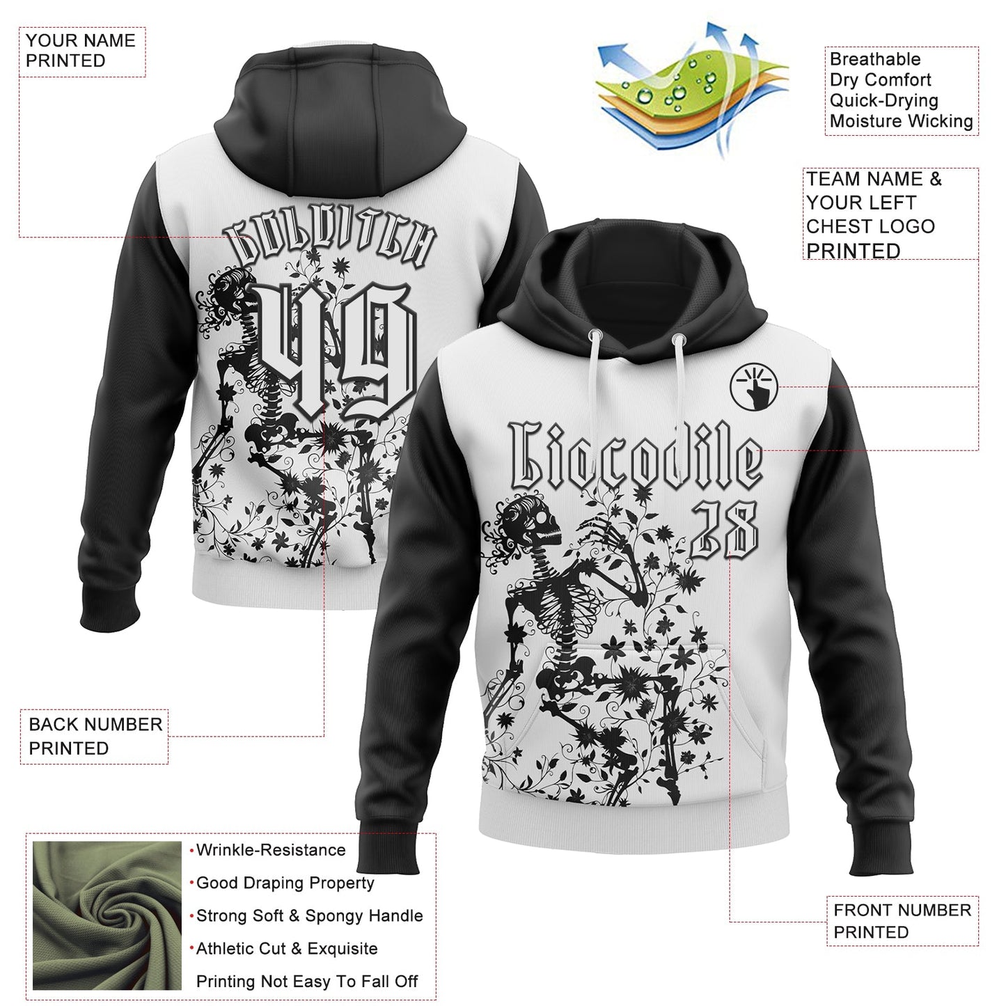 Custom White Black 3D Skull Gothic Floral Sports Pullover Sweatshirt Hoodie view 2
