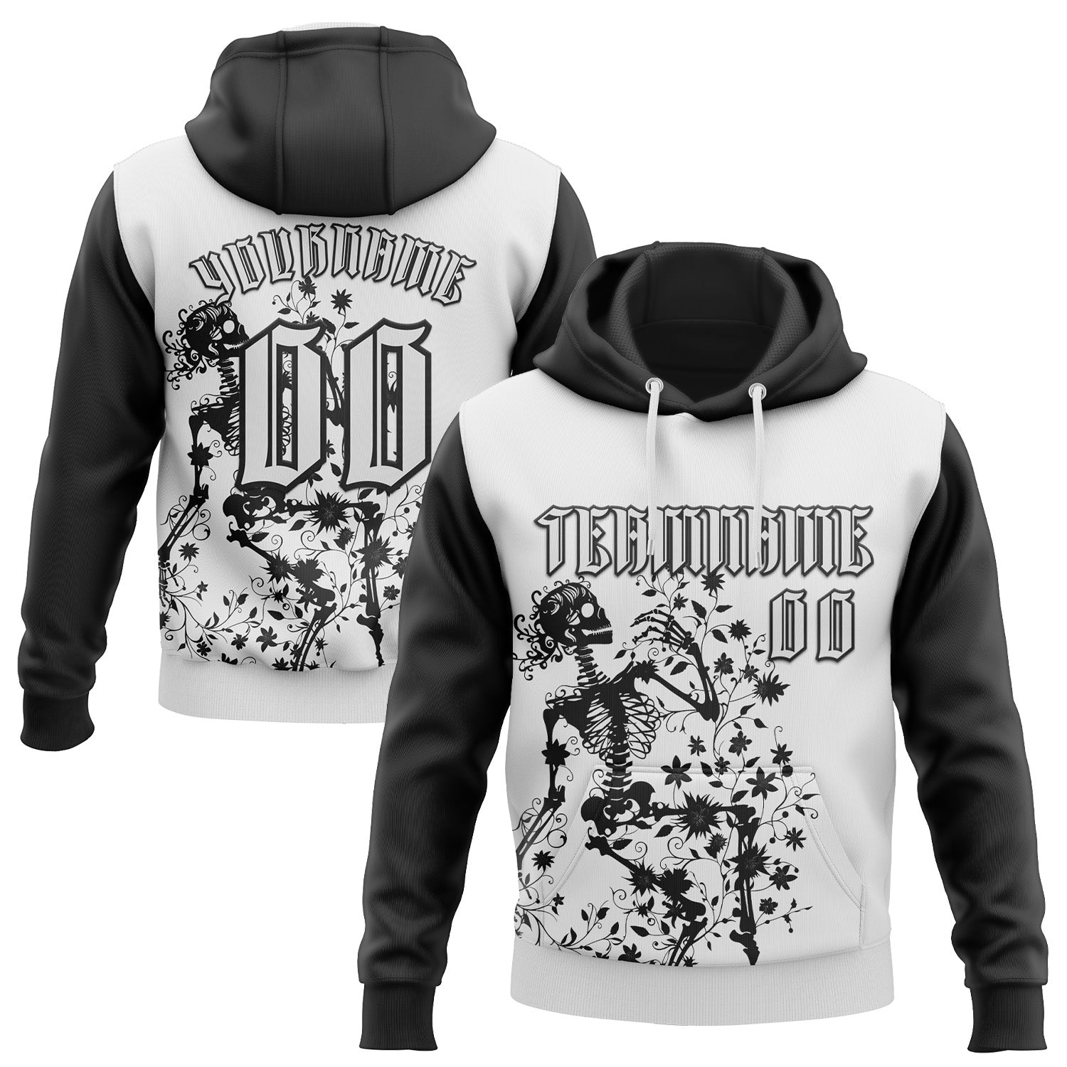 Custom White Black 3D Skull Gothic Floral Sports Pullover Sweatshirt Hoodie - Main View