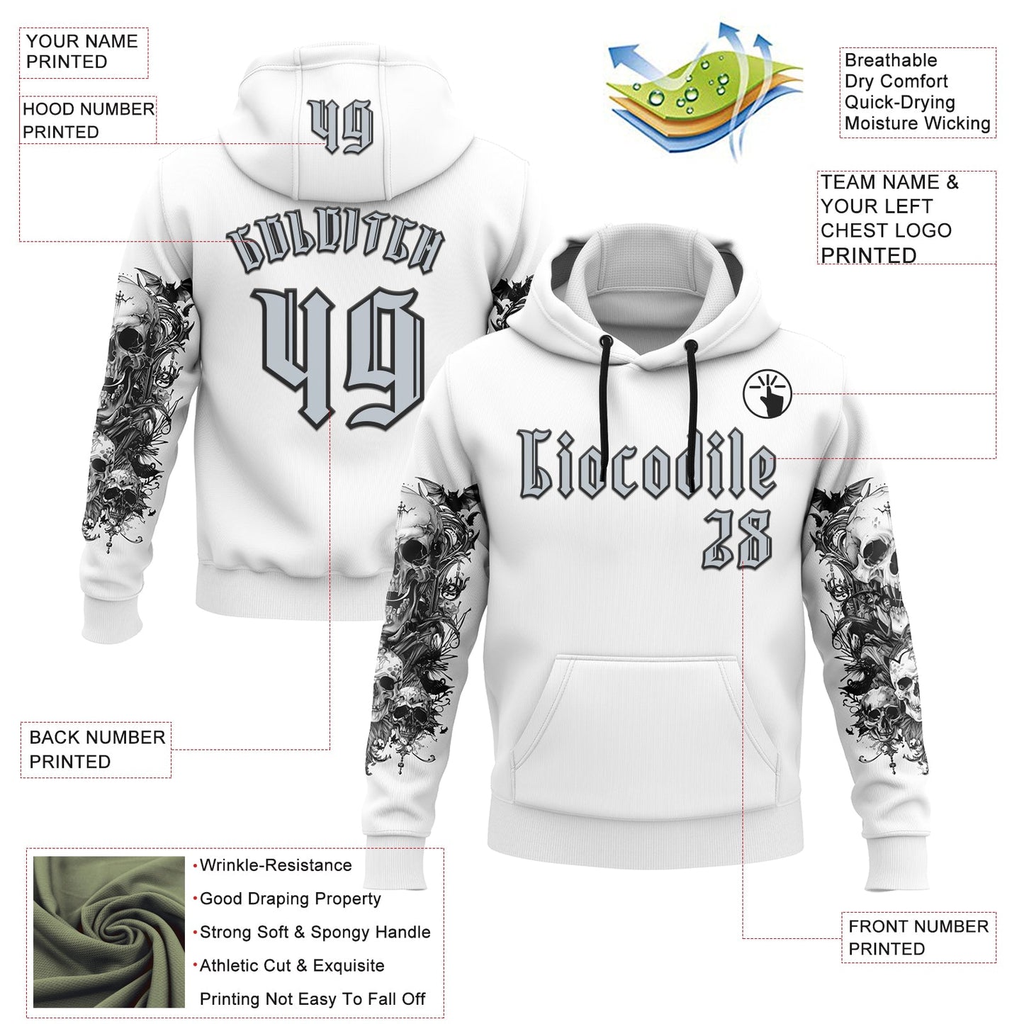 Custom White Silver-Black 3D Skull Gothic Floral Sports Pullover Sweatshirt Hoodie view 2