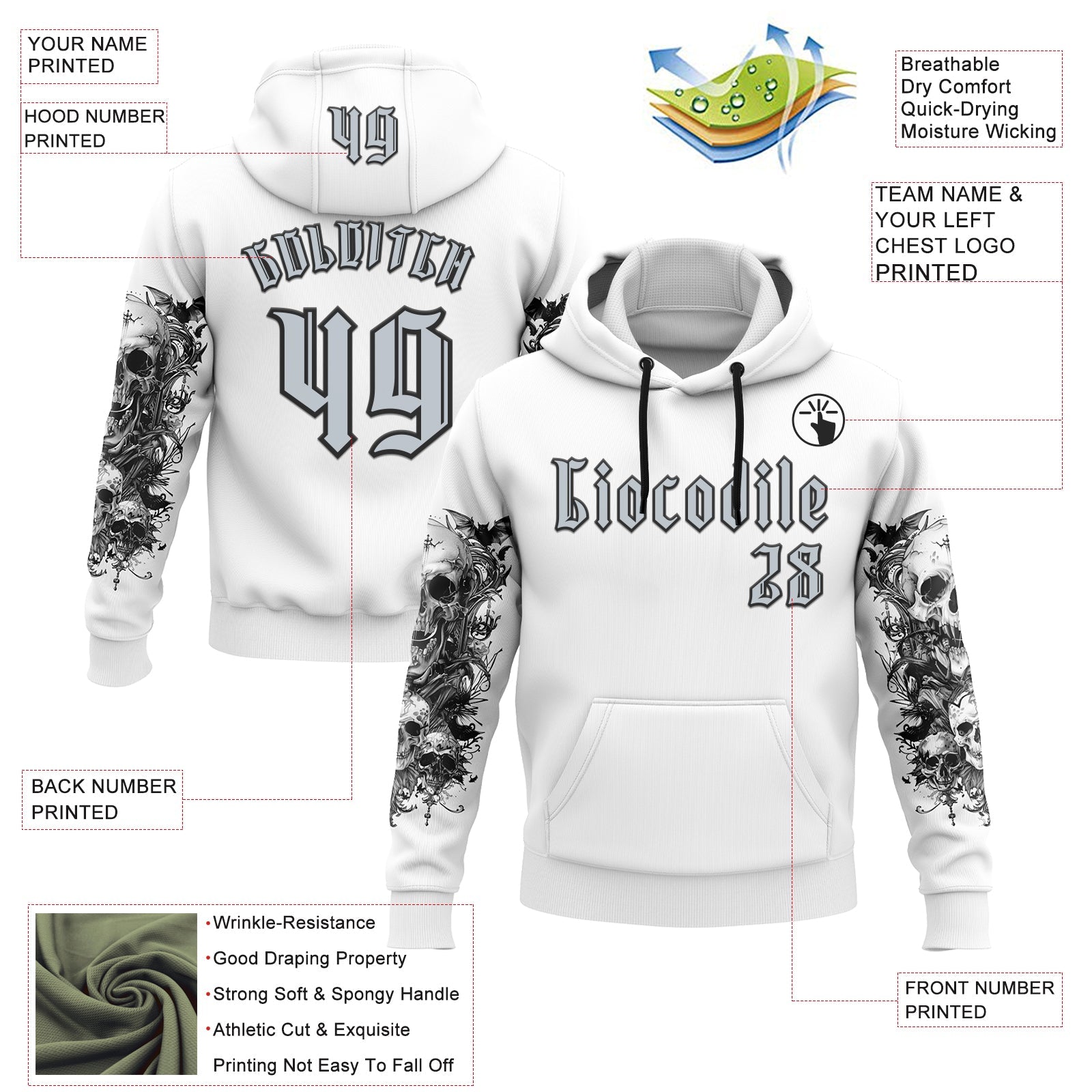 Custom White Silver-Black 3D Skull Gothic Floral Sports Pullover Sweatshirt Hoodie view 2