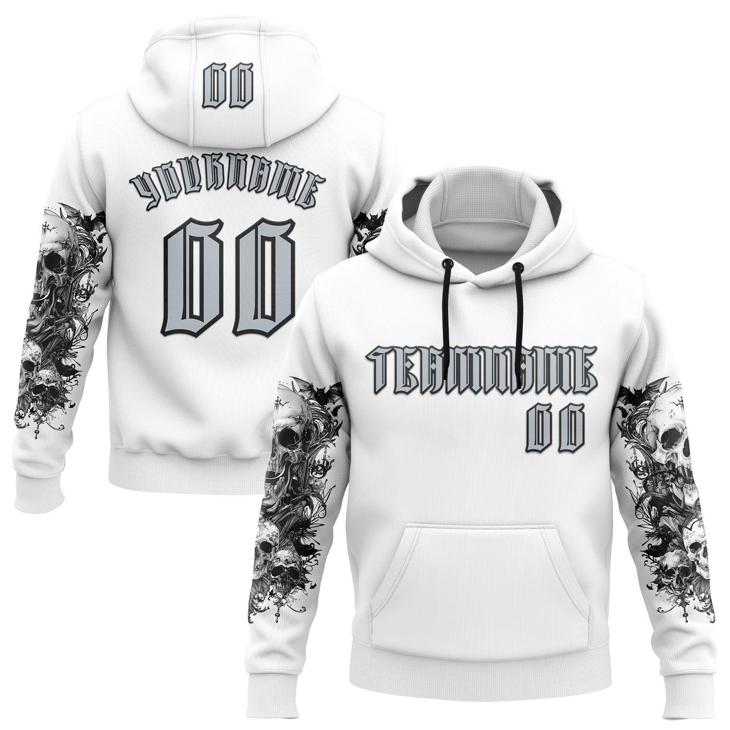 Custom White Silver-Black 3D Skull Gothic Floral Sports Pullover Sweatshirt Hoodie - Main View