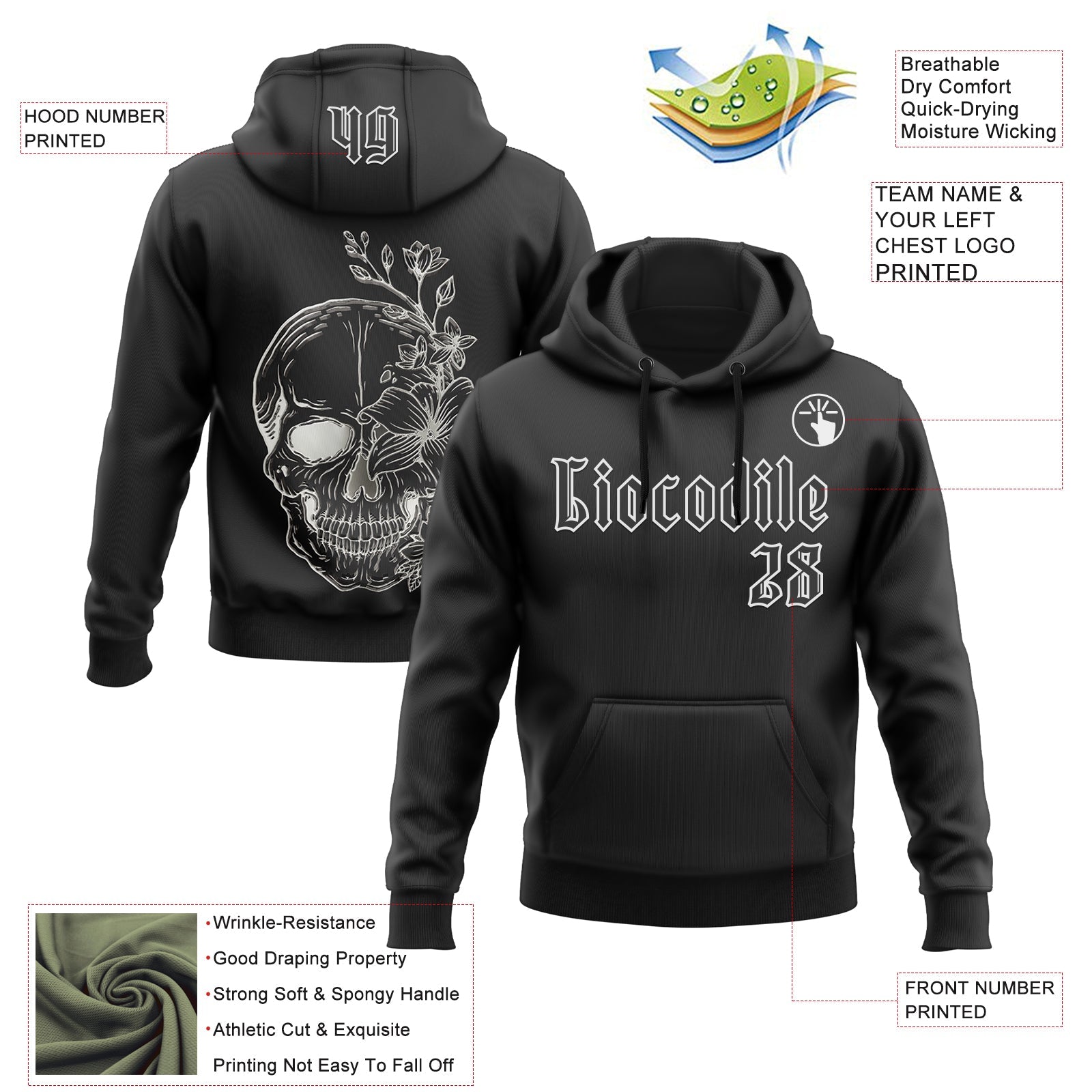 Custom Black White 3D Skull Gothic Floral Sports Pullover Sweatshirt Hoodie view 2