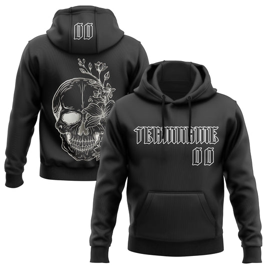 Custom Black White 3D Skull Gothic Floral Sports Pullover Sweatshirt Hoodie - Main View