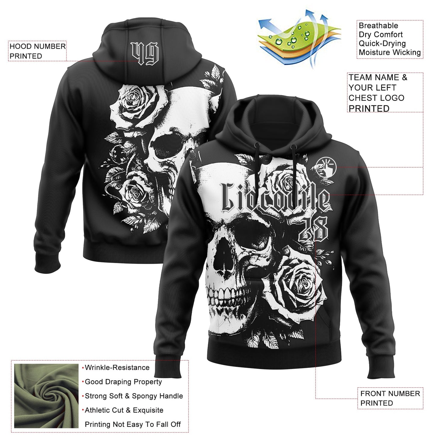 Custom Black White 3D Skull Roses Gothic Vintage Grunge Art Sports Pullover Sweatshirt Hoodie view 2