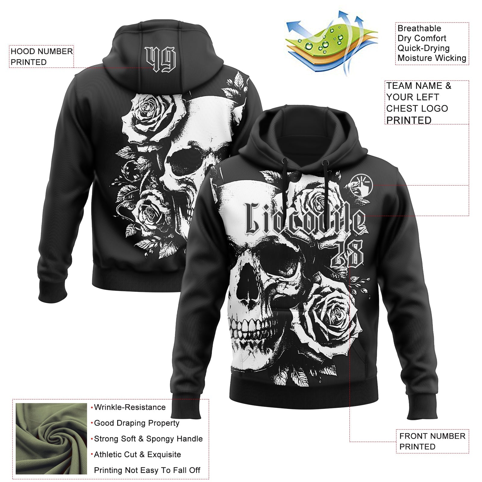 Custom Black White 3D Skull Roses Gothic Vintage Grunge Art Sports Pullover Sweatshirt Hoodie view 2