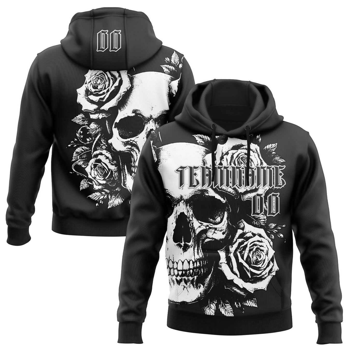 Custom Black White 3D Skull Roses Gothic Vintage Grunge Art Sports Pullover Sweatshirt Hoodie - Main View