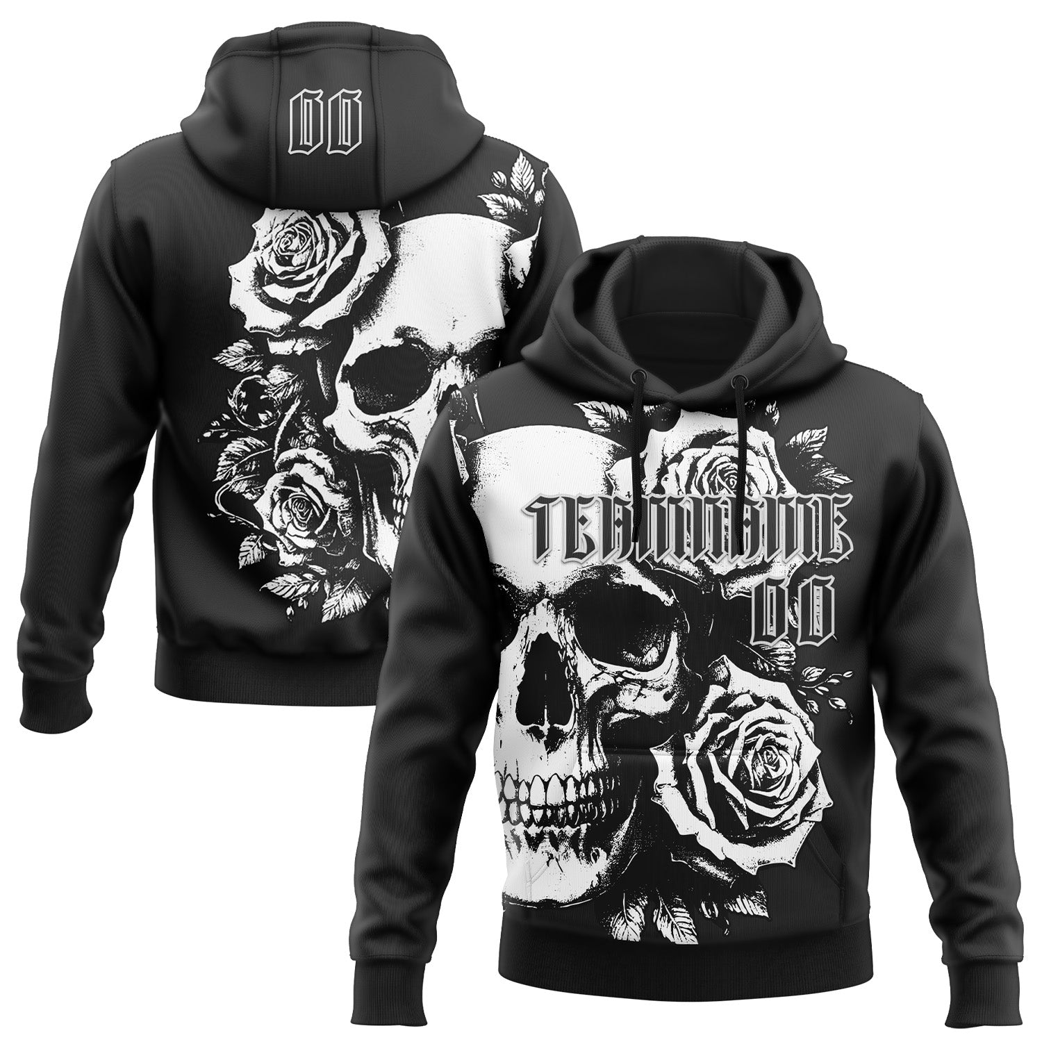 Custom Black White 3D Skull Roses Gothic Vintage Grunge Art Sports Pullover Sweatshirt Hoodie - Main View