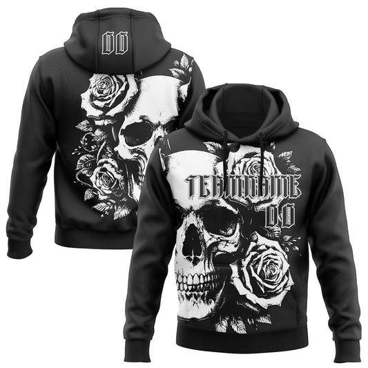 Custom Black White 3D Skull Roses Gothic Vintage Grunge Art Sports Pullover Sweatshirt Hoodie - Main View
