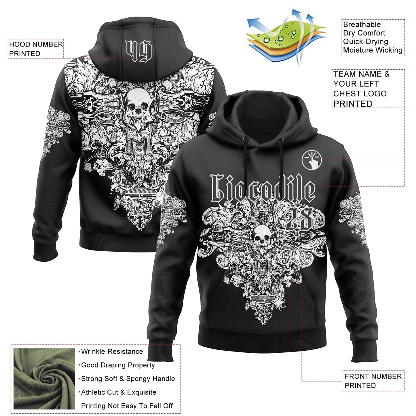 Custom Black White 3D Skull Gothic Floral Vintage Sports Pullover Sweatshirt Hoodie view 2
