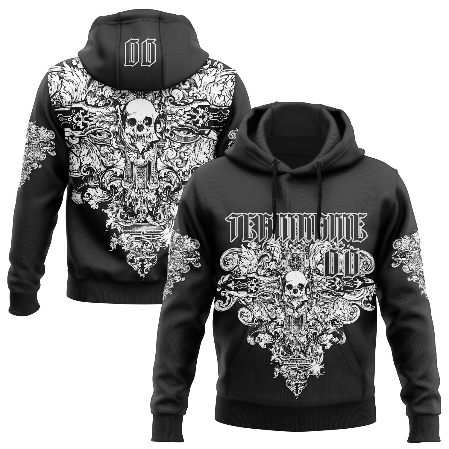 Custom Black White 3D Skull Gothic Floral Vintage Sports Pullover Sweatshirt Hoodie - Main View