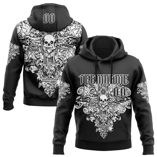 Custom Black White 3D Skull Gothic Floral Vintage Sports Pullover Sweatshirt Hoodie - Main View