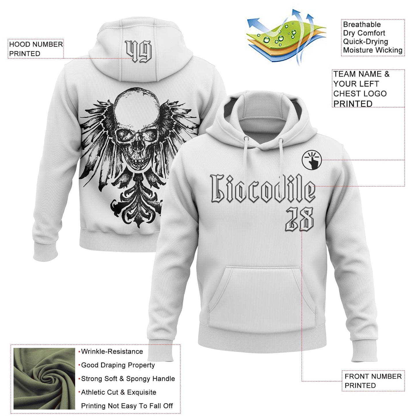 Custom White Black 3D Skull Gothic Heraldic Wing Vintage Sports Pullover Sweatshirt Hoodie view 2