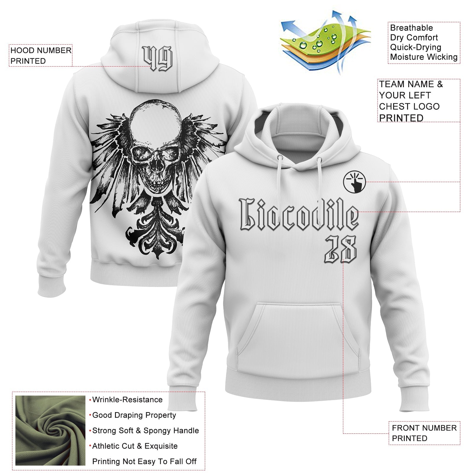 Custom White Black 3D Skull Gothic Heraldic Wing Vintage Sports Pullover Sweatshirt Hoodie view 2