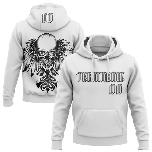 Custom White Black 3D Skull Gothic Heraldic Wing Vintage Sports Pullover Sweatshirt Hoodie - Main View