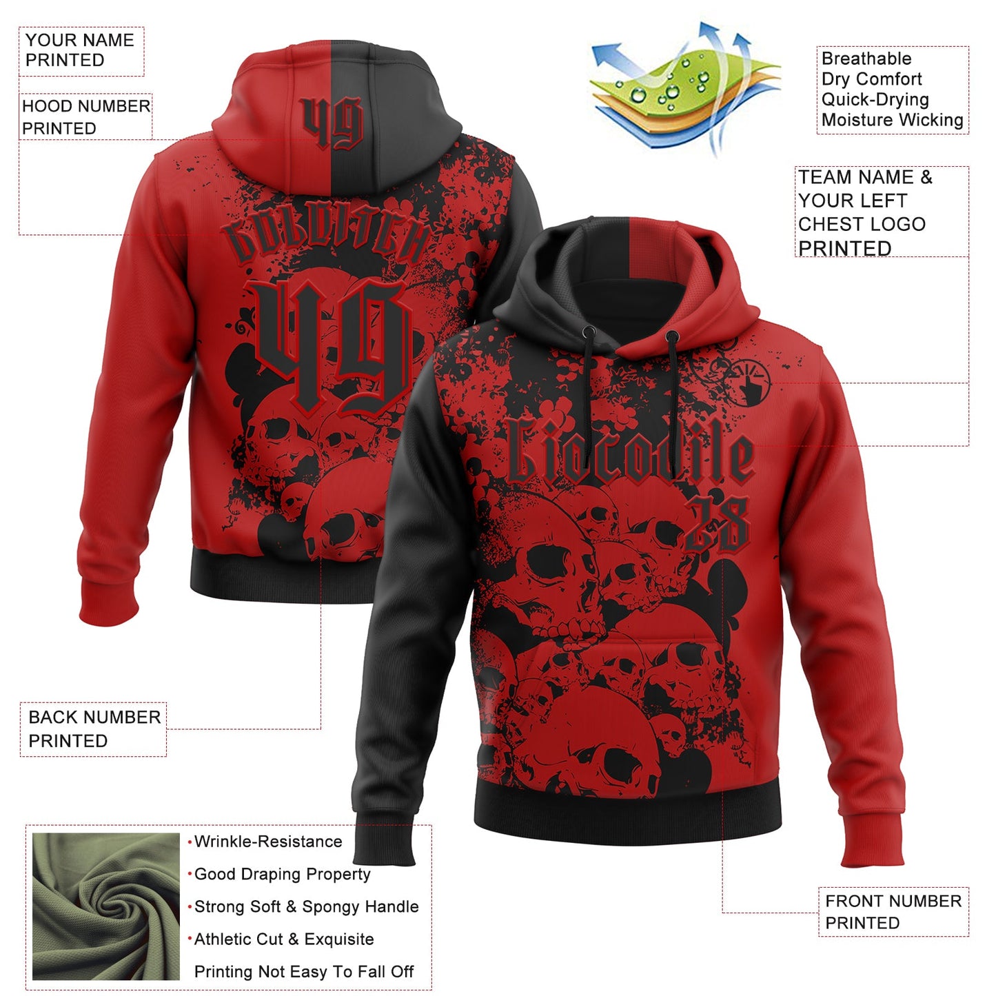 Custom Red Black 3D Skull Gothic Splash Vintage Grunge Art Sports Pullover Sweatshirt Hoodie view 2