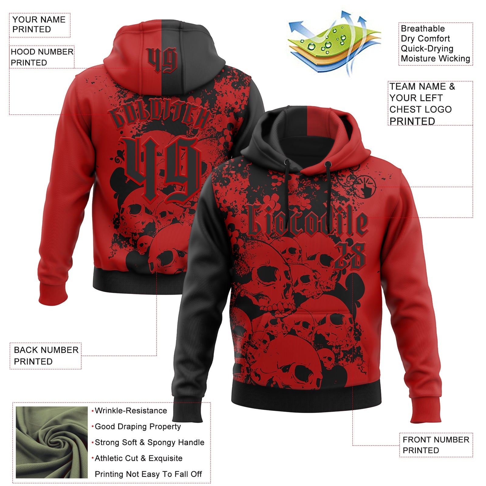 Custom Red Black 3D Skull Gothic Splash Vintage Grunge Art Sports Pullover Sweatshirt Hoodie view 2