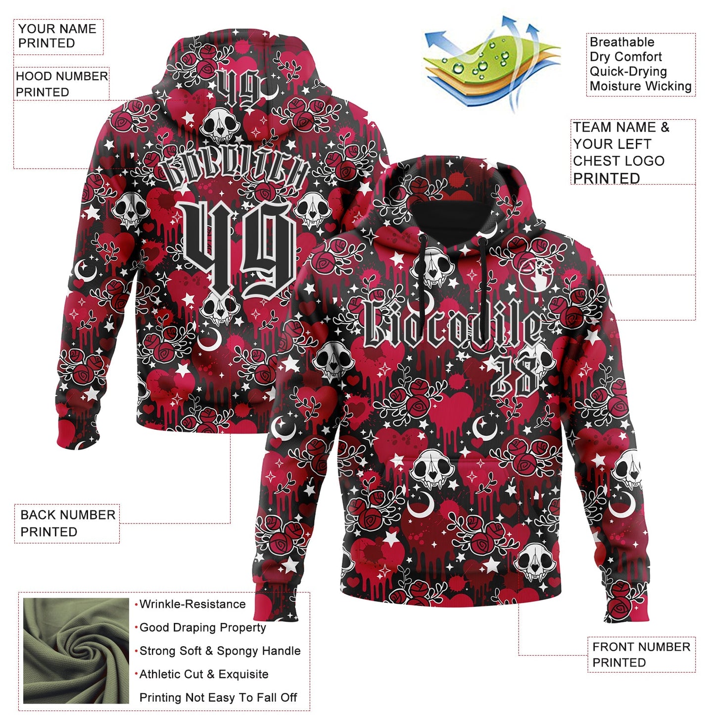 Custom Red Black-White 3D Skull Roses Gothic Splash Hearts Stars Sports Pullover Sweatshirt Hoodie view 2