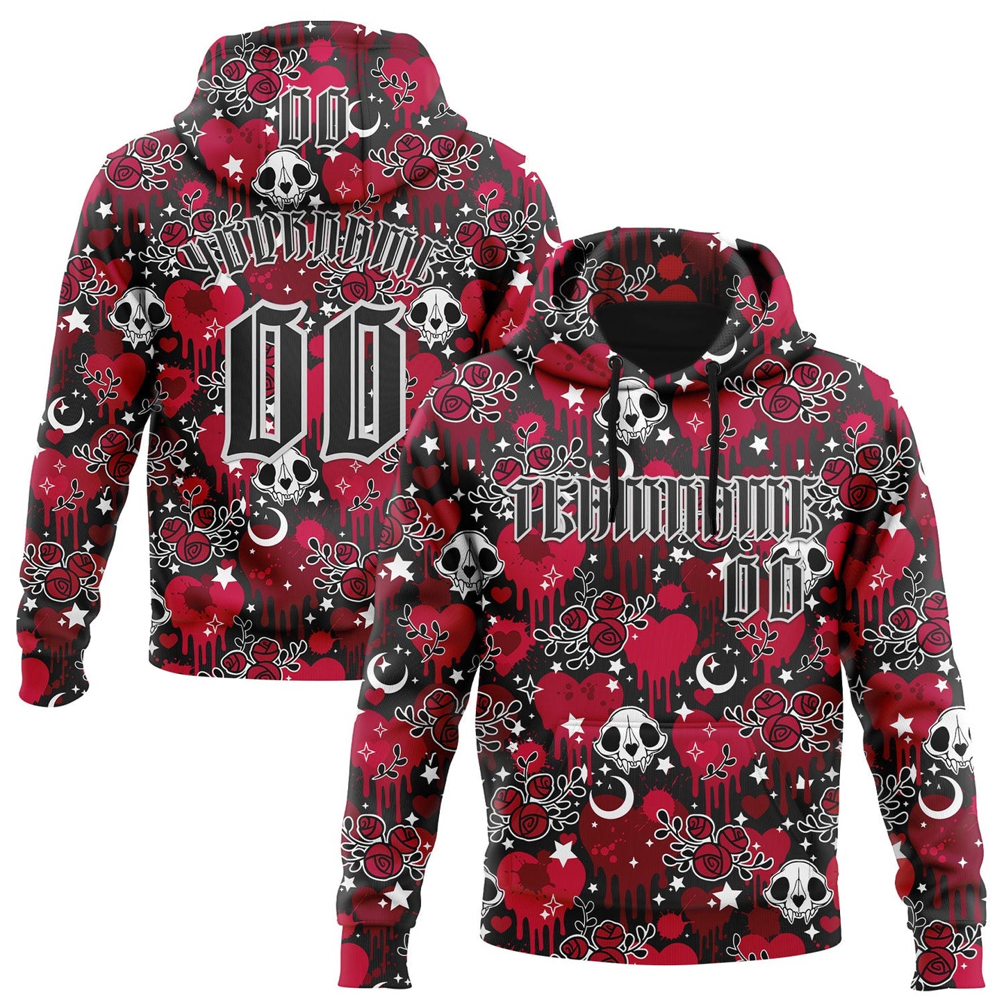Custom Red Black-White 3D Skull Roses Gothic Splash Hearts Stars Sports Pullover Sweatshirt Hoodie - Main View