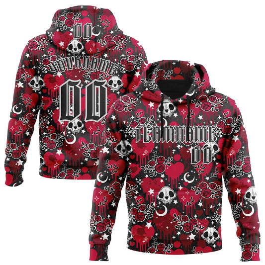 Custom Red Black-White 3D Skull Roses Gothic Splash Hearts Stars Sports Pullover Sweatshirt Hoodie - Main View