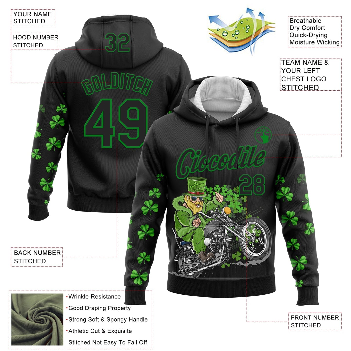 Custom Stitched Black Grass Green 3D Pattern Design St. Patrick's Day Motorcycle Motocross Racing Sports Pullover Sweatshirt Hoodie view 2