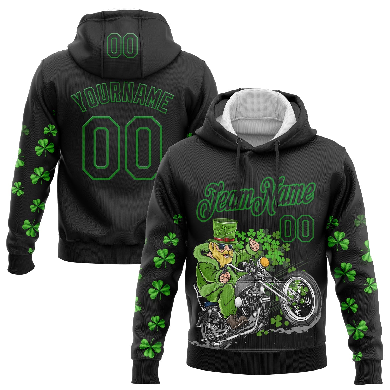 Custom Stitched Black Grass Green 3D Pattern Design St. Patrick's Day Motorcycle Motocross Racing Sports Pullover Sweatshirt Hoodie - Main View