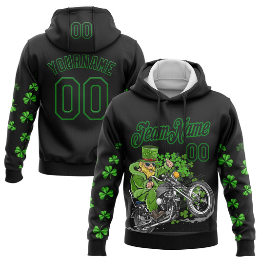Custom Stitched Black Grass Green 3D Pattern Design St. Patrick's Day Motorcycle Motocross Racing Sports Pullover Sweatshirt Hoodie - Main View