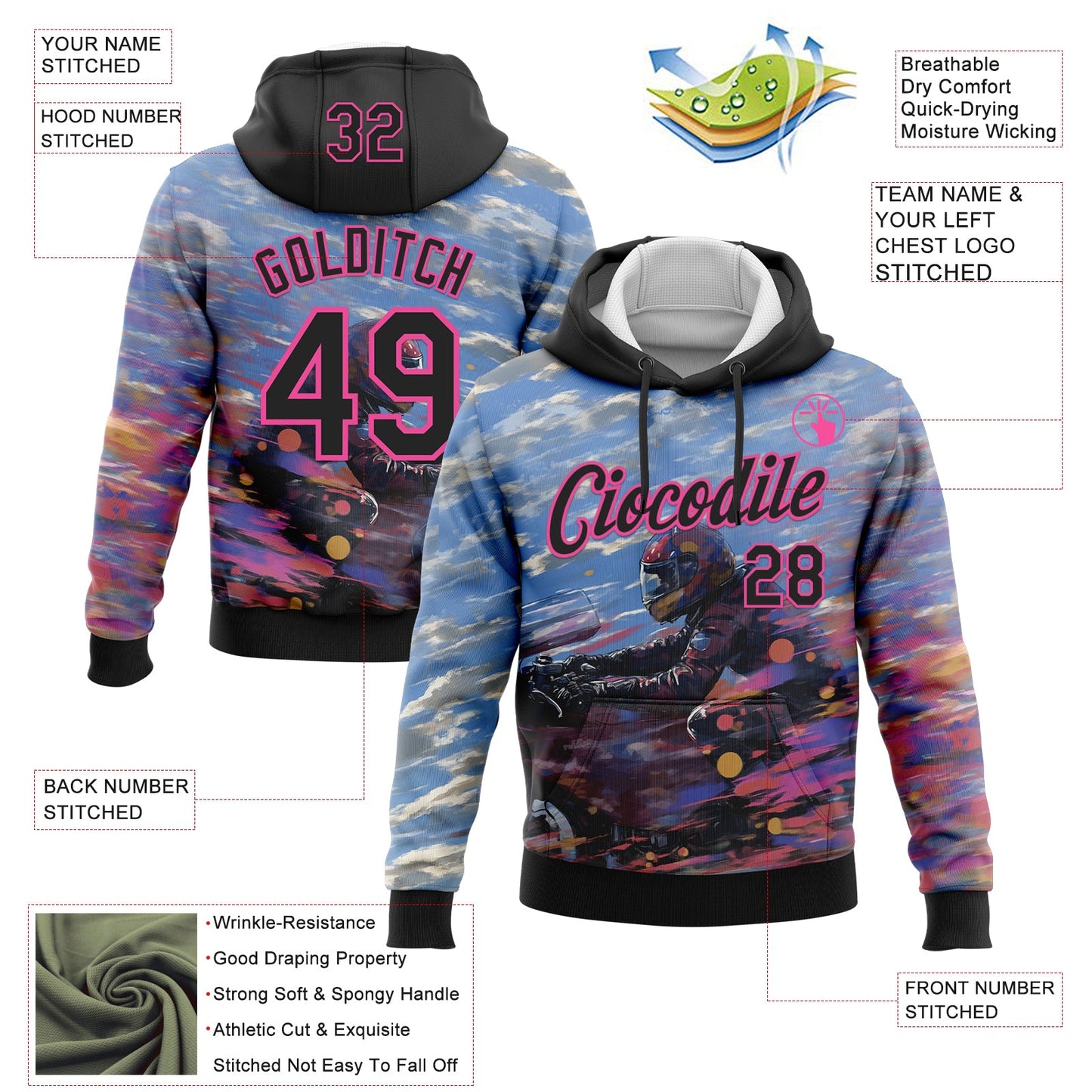 Custom Stitched Blue Black-Pink 3D Pattern Design Motorcycle Motocross Racing Sports Pullover Sweatshirt Hoodie view 2
