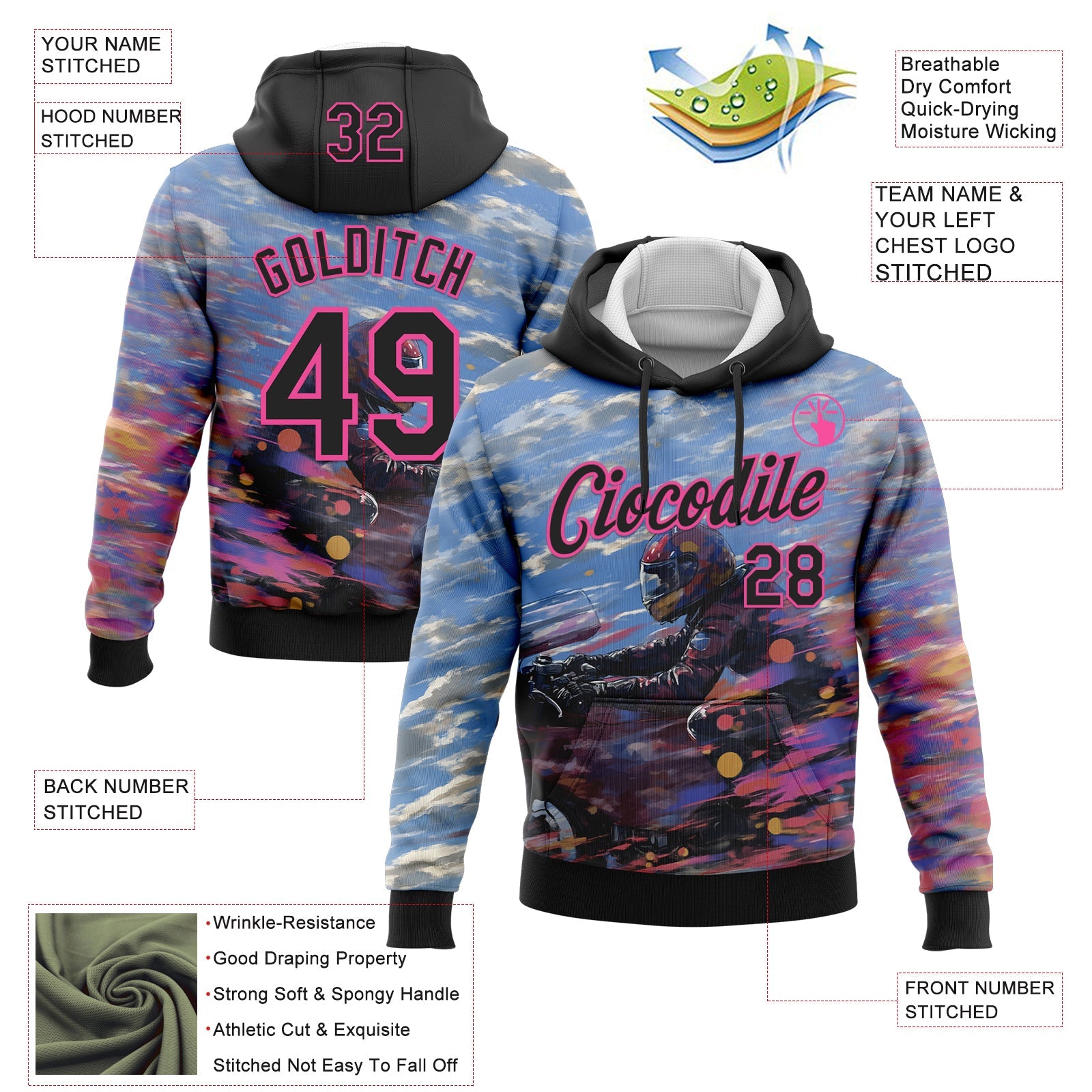 Custom Stitched Blue Black-Pink 3D Pattern Design Motorcycle Motocross Racing Sports Pullover Sweatshirt Hoodie view 2